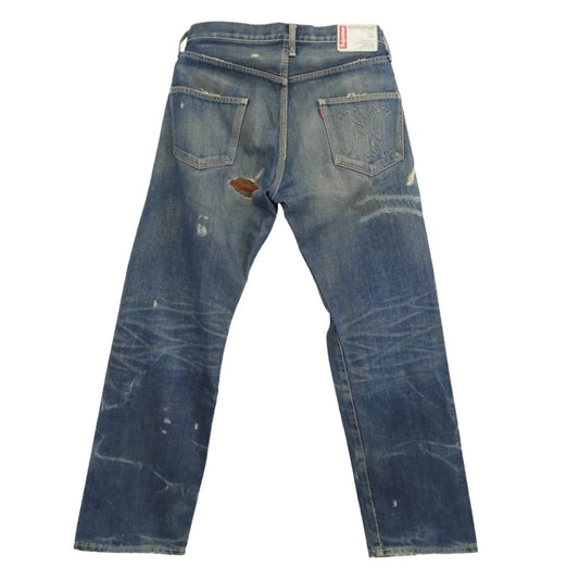 Supreme シュプリーム DCSP-PT-01 【フェイクバスターズ鑑定済】 × NEIGHBORHOOD ネイバーフッド SAVEGE DENIM BASIC STRAIGHT リペア加工 サベージ デニム パンツ ベーシックストリート インディゴブルー系 S【中古】