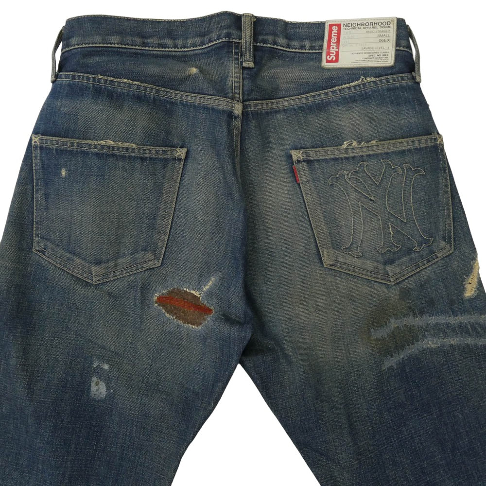 Supreme シュプリーム DCSP-PT-01 【フェイクバスターズ鑑定済】 × NEIGHBORHOOD ネイバーフッド SAVEGE DENIM BASIC STRAIGHT リペア加工 サベージ デニム パンツ ベーシックストリート インディゴブルー系 S【中古】