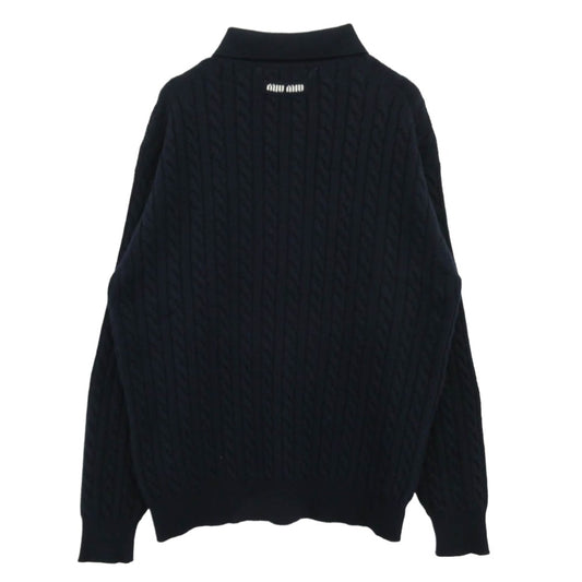 MIUMIU ミュウミュウ MML997 2024 ロゴ カシミヤ ケーブル ニット セーター ネイビー ネイビー系 44【中古】