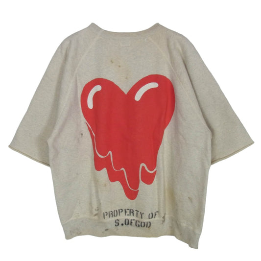 SAINT MICHAEL セントマイケル 21AW EU-A21-0000-052 EMOTIONALLY UNAVAILABLE S/S Sweat ウォッシュ加工 ロゴプリント 半袖 スウェットシャツ ベージュ系 XL【中古】