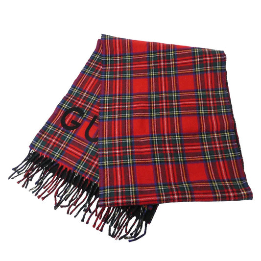 GUCCI グッチ 597530 タータン チェック ロゴ フリンジ マフラー レッド系 ブラック系【中古】