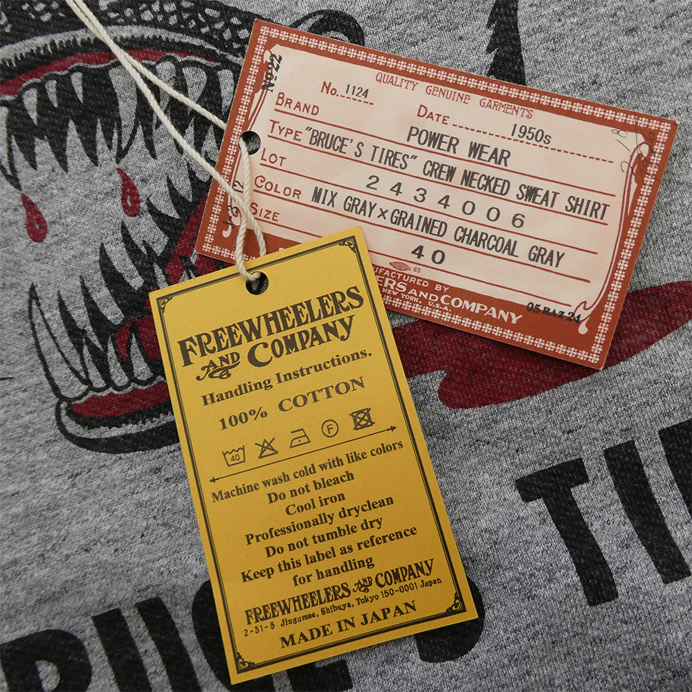 FREEWHEELERS フリーホイーラーズ 2434006 BRUCE'S TIRES CREW NECKED SWEAT SHIRT ブルースタイヤ クルーネック スウェット シャツ グレー系 マルチカラー系 40【極上美品】【中古】