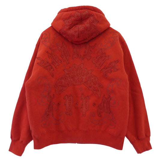 Supreme シュプリーム 25SS Leather Applique Zip Up Hooded Sweatshirt レザー アップリケ ジップアップ フーディー スウェットシャツ パーカー レッド系 M【中古】