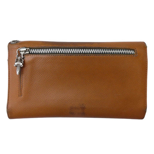 CHROME HEARTS クロムハーツ(原本無) Wave Cross Ball ウェーブ クロスボールボタン ブラウンレザー ウォレット 長財布 ブラウン系 シルバー系【中古】