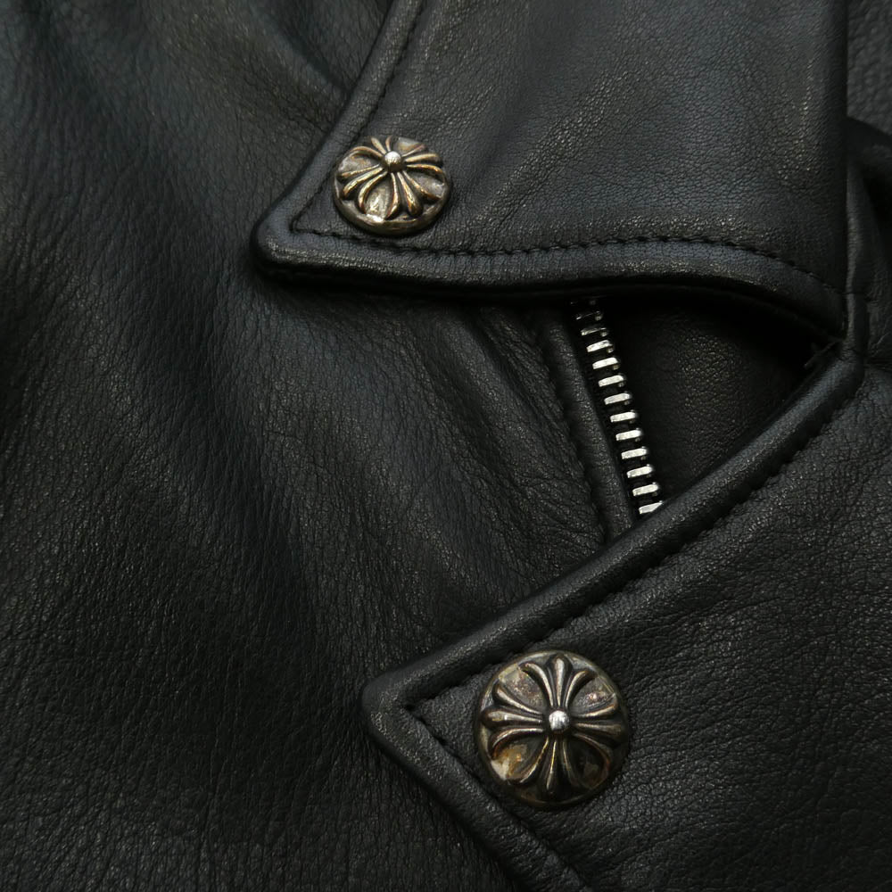 CHROME HEARTS クロムハーツ(原本無) JJ DEAN JJディーン スクロールサイドダブルバックル クロスボールボタン ダガージップ ローラーベルト レザー ライダース ジャケット ブラック系 S【中古】