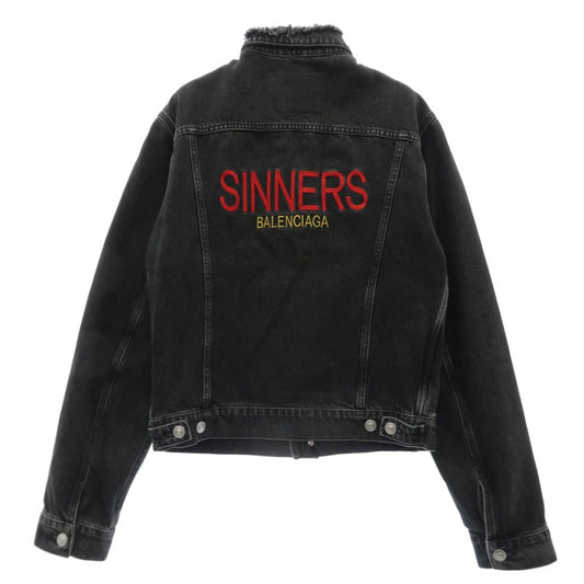 BALENCIAGA バレンシアガ 18SS 489847 TUE14 SINNERS DENIM JACKET ダメージ加工 ロゴ刺繍 デニム ジャケット ブラック系 44【中古】