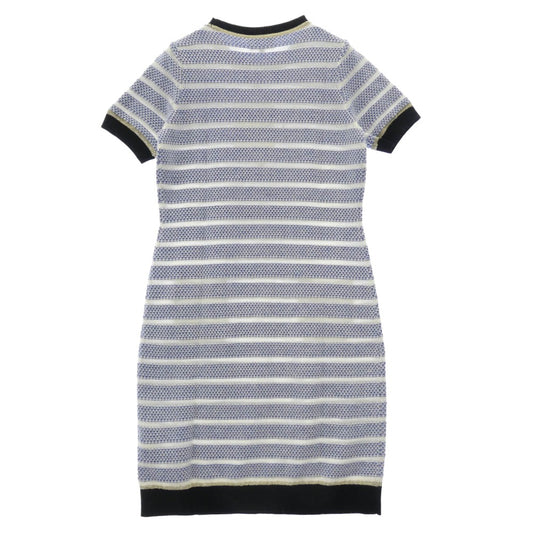 CHANEL シャネル P70375K10017 NB041 イタリア製 カシミヤ ウール ストライプ柄 スモール スパンコール ニット 半袖 ワンピース ブルー系 ホワイト系 36【極上美品】【中古】