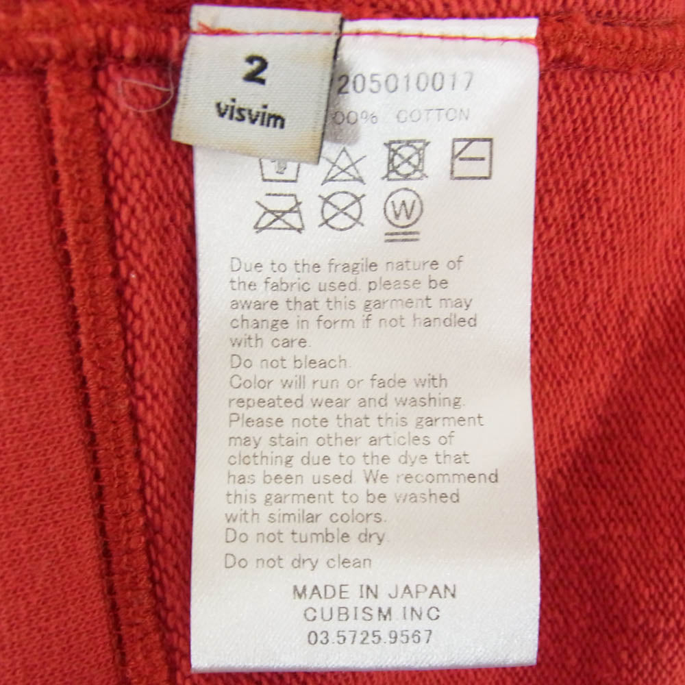 VISVIM ビズビム 17AW 0117205010017 JUMBO CREWNECK L/S VEGGIE DYE ジャンボ クルーネック スウェット 長袖 レッド系 2【美品】【中古】