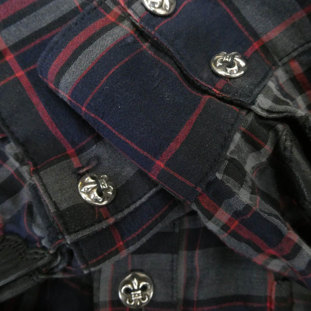 CHROME HEARTS クロムハーツ(原本無) BSフレアボタン 袖レザーパッチ 長袖 チェック シャツ グレー系 ネイビー系 M【中古】