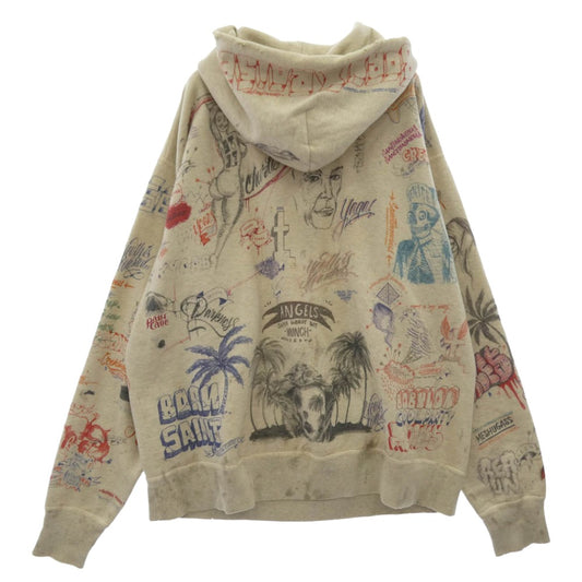 SAINT MICHAEL セントマイケル 24SS SM-YS8-0000-C11 × BONE X RAISED ボーンレイズド LA Hoodie SAINT Mxxxxxx ダメージ加工 ライトストーン 総柄 プルオーバー スウェット パーカー フーディ オフホワイト系 XL【中古】