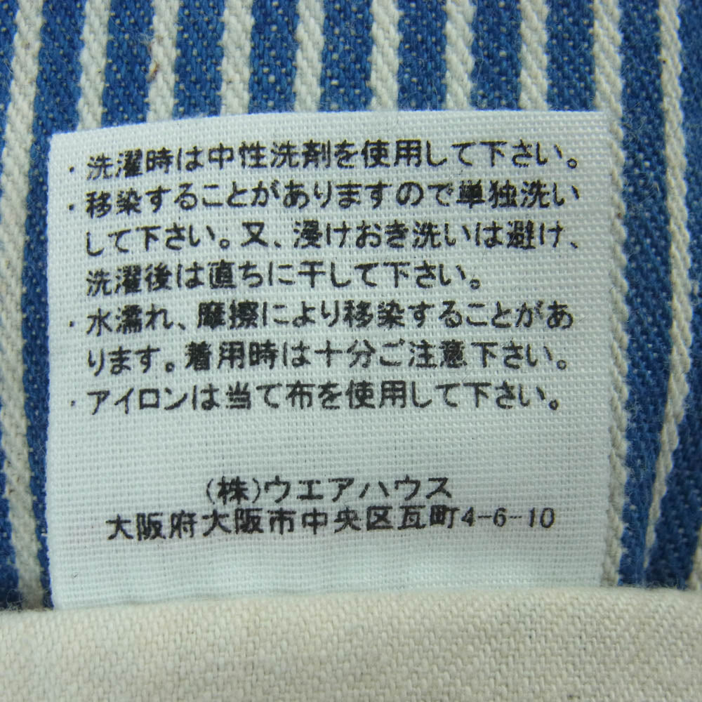 WAREHOUSE ウエアハウス 1234 1920's FREE LAND WAIST OVERALL ヒッコリー ウエストボタン ワーク パンツ インディゴブルー系 ホワイト系 33【中古】
