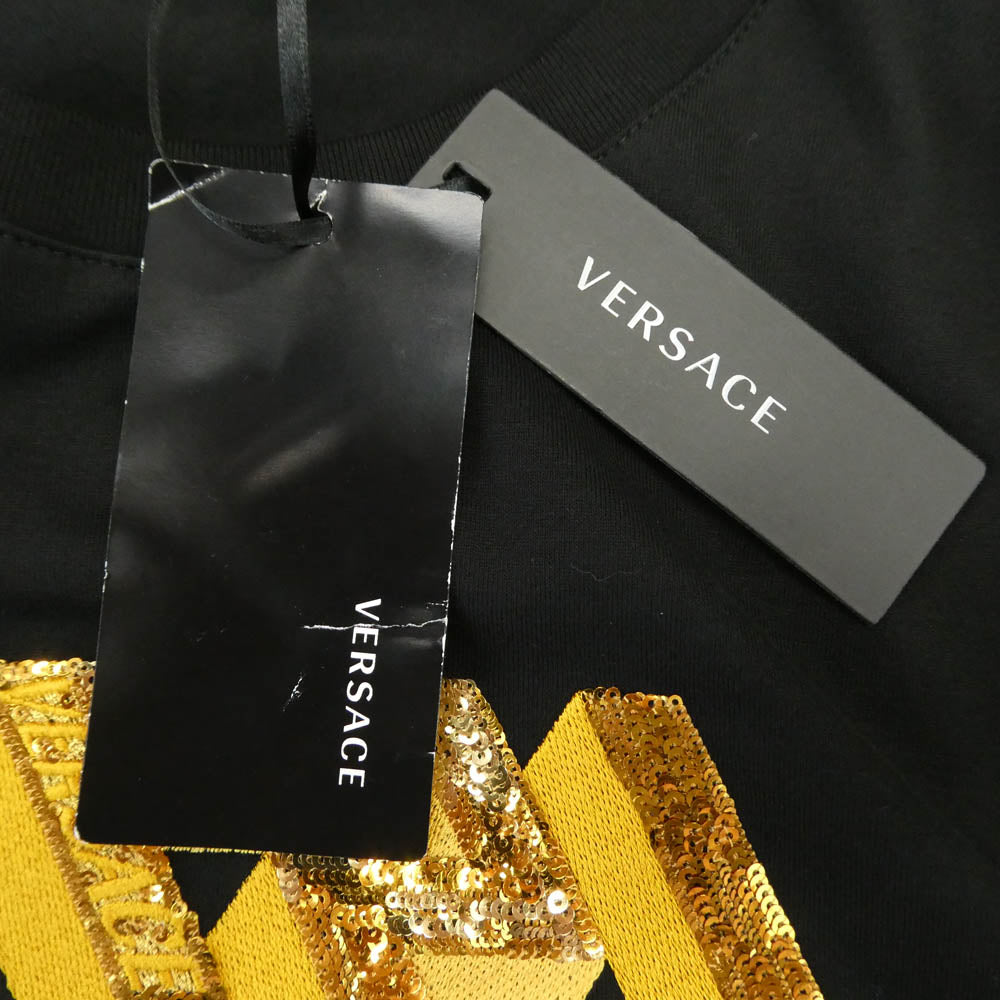 VERSACE ヴェルサーチ スパンコール ロゴ刺繍 半袖 Tシャツ カットソー ブラック系 ゴールド系 3XL【美品】【中古】