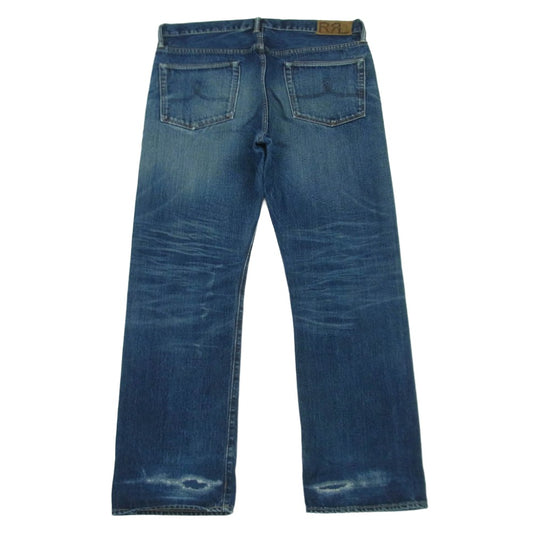 RRL ダブルアールエル ロゴ刺繍 セルビッチ ボタンフライ ダメージ加工 デニム パンツ インディゴブルー系 34 × 30【中古】