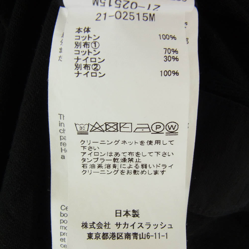 Sacai サカイ 21SS 21-02515M COTTON NYLON OXFORD LONG SLEEVE T-SHIRT ナイロンドッキング サイドスナップボタン ジップポケット 長袖 Tシャツ ブラック系 3【中古】