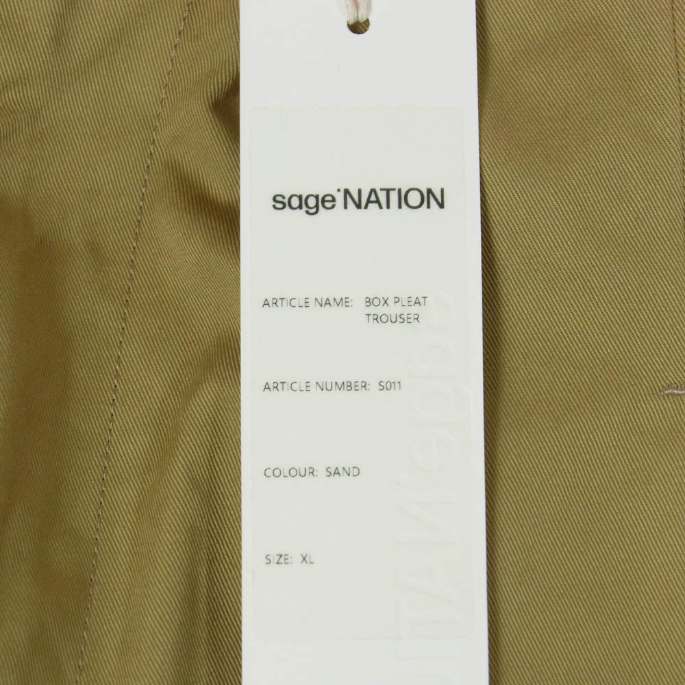 セイジネーション S011 BOX PLEAT TROUSER ボックス プリーツ ワイド トラウザーズ パンツ ベージュ SAND XL【極上美品】【中古】
