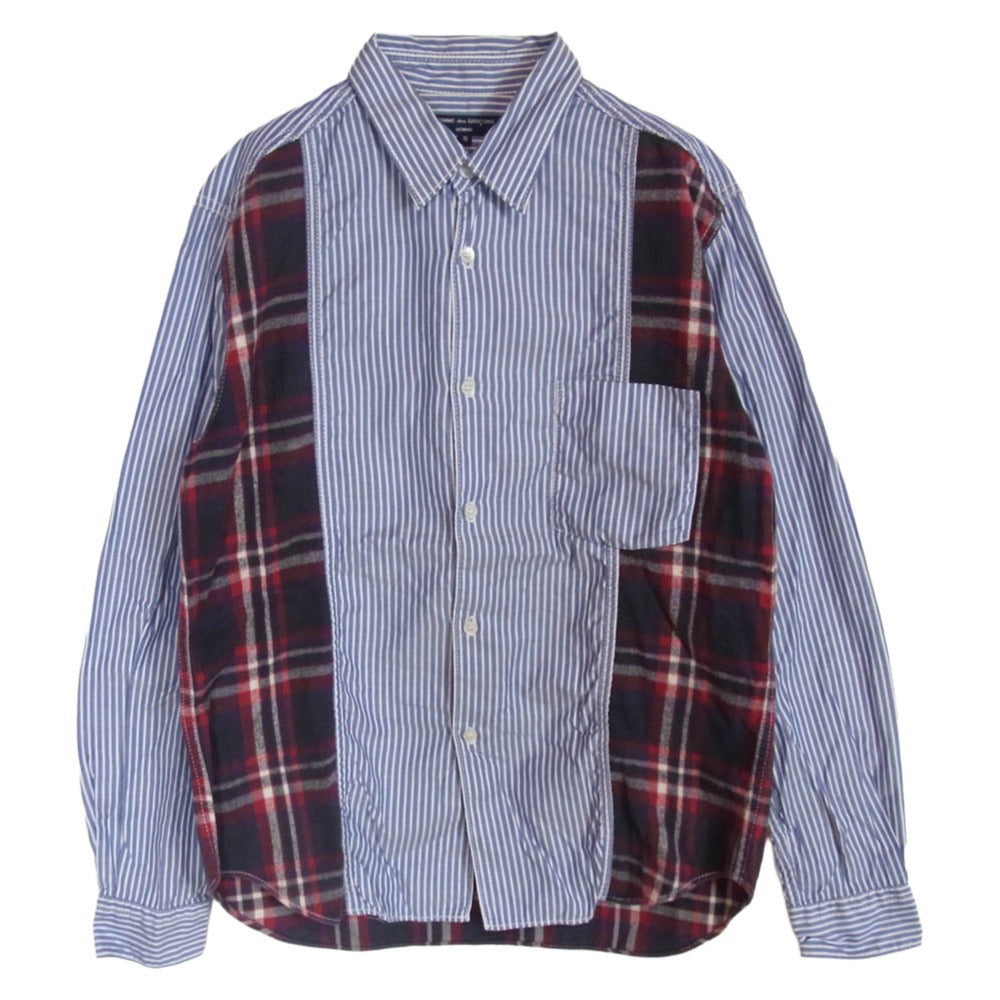 COMME des GARCONS HOMME コムデギャルソンオム 11AW HH-B034 AD2011 異素材切替 チェック ストライプ 長袖 シャツ ブルー系 S【中古】 COMME des GARCONS HOMME コムデギャルソンオム 11AW HH-B034 AD2011