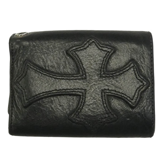 CHROME HEARTS クロムハーツ(原本無) 3FOLD 3フォールド クロスパッチ付き クロスボタン レザー ウォレット 財布 ブラック系【中古】