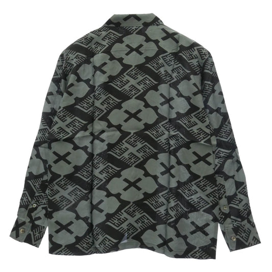 バッズプール × GAKKIN ガッキン 花罰 総柄 × 麻 PATTERN S/L Shirt シャツ 長袖 ブラック系 グレー系 M【新古品】【未使用】【中古】