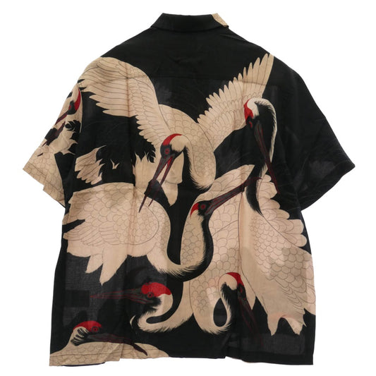 バッズプール 24SS × GAKKIN ガッキン 赤目鶴 総柄 HAWAIIAN SHIRT アロハ シャツ 半袖 ブラック系 ベージュ系 M【新古品】【未使用】【中古】