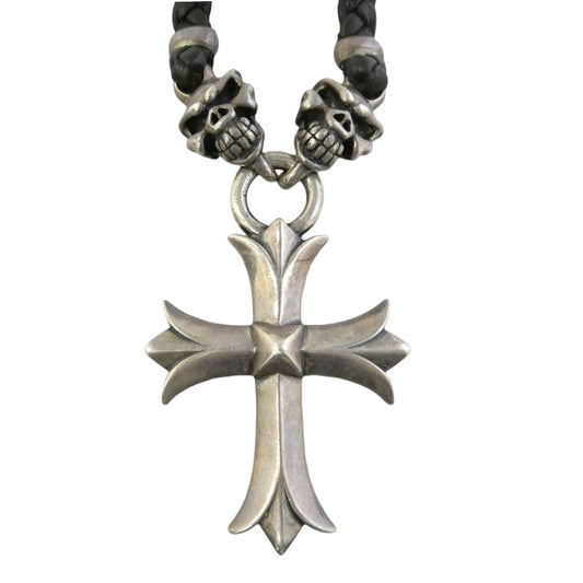 TRAVIS WALKER トラヴィスワーカー LARGE SACRED CROSS WITH 2 SPEED WITH BRAIDED LEATHER NECKLACE WITH T-BAR CZ クロス スカル レザーブレード ネックレス シルバー系 ブラック系【中古】
