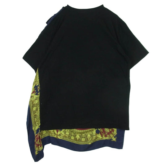 JUNYA WATANABE COMME des GARCONS MAN ジュンヤワタナベコムデギャルソンマン 25SS WO-T003 AC/DC Silk Scarf プリント シルク スカーフ ドッキング 半袖 Tシャツ カットソー ブラック系 マルチカラー系 L【中古】