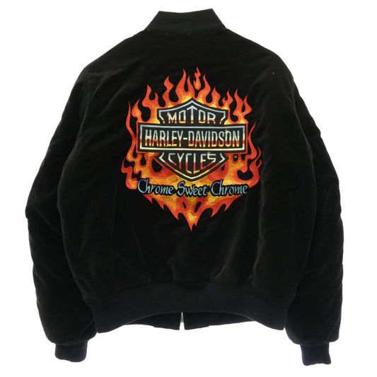 HARLEY DAVIDSON ハーレーダビッドソン ベロア 刺繍 ファイヤー パターン ジャケット ジップアップ ブルゾン ブラック系 L【中古】