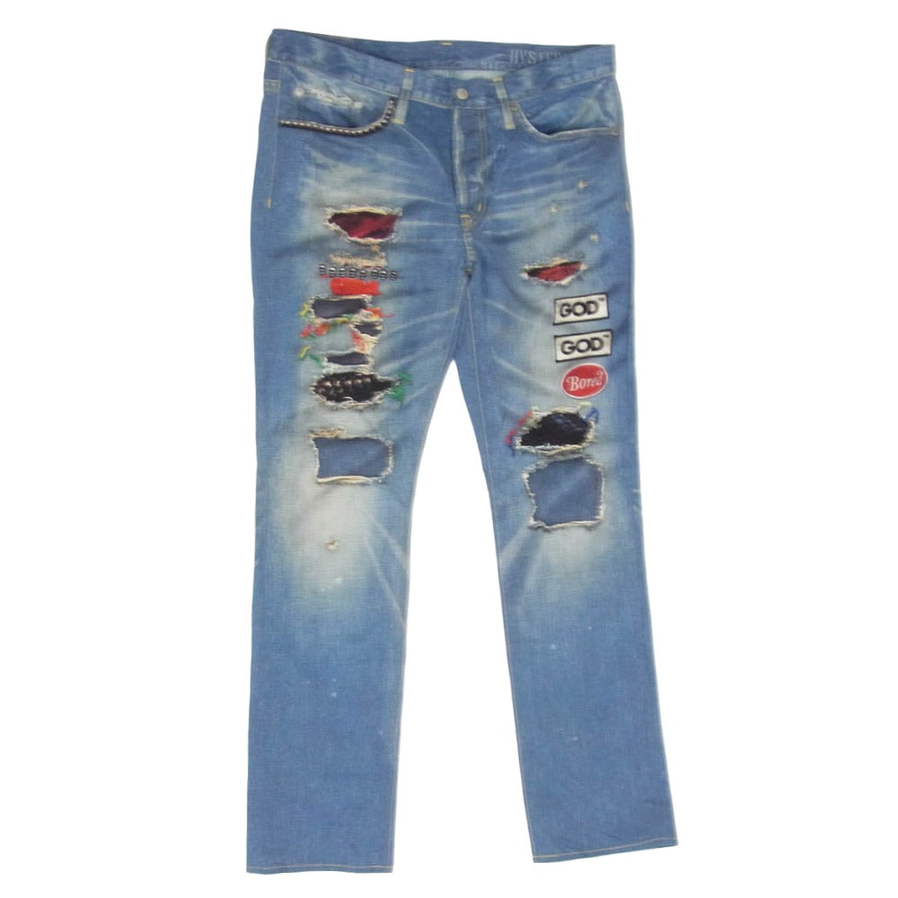 HYSTERIC GLAMOUR ヒステリックグラマー 02182AP06 GOD PATCH DENIM pt スリムストレート PT 転写 トロンプルイユ デニム パンツ インディゴブルー系 M【美品】【中古】 HYSTERIC GLAMOUR ヒステリックグラマー 02182AP06 GOD PATCH DENIM pt