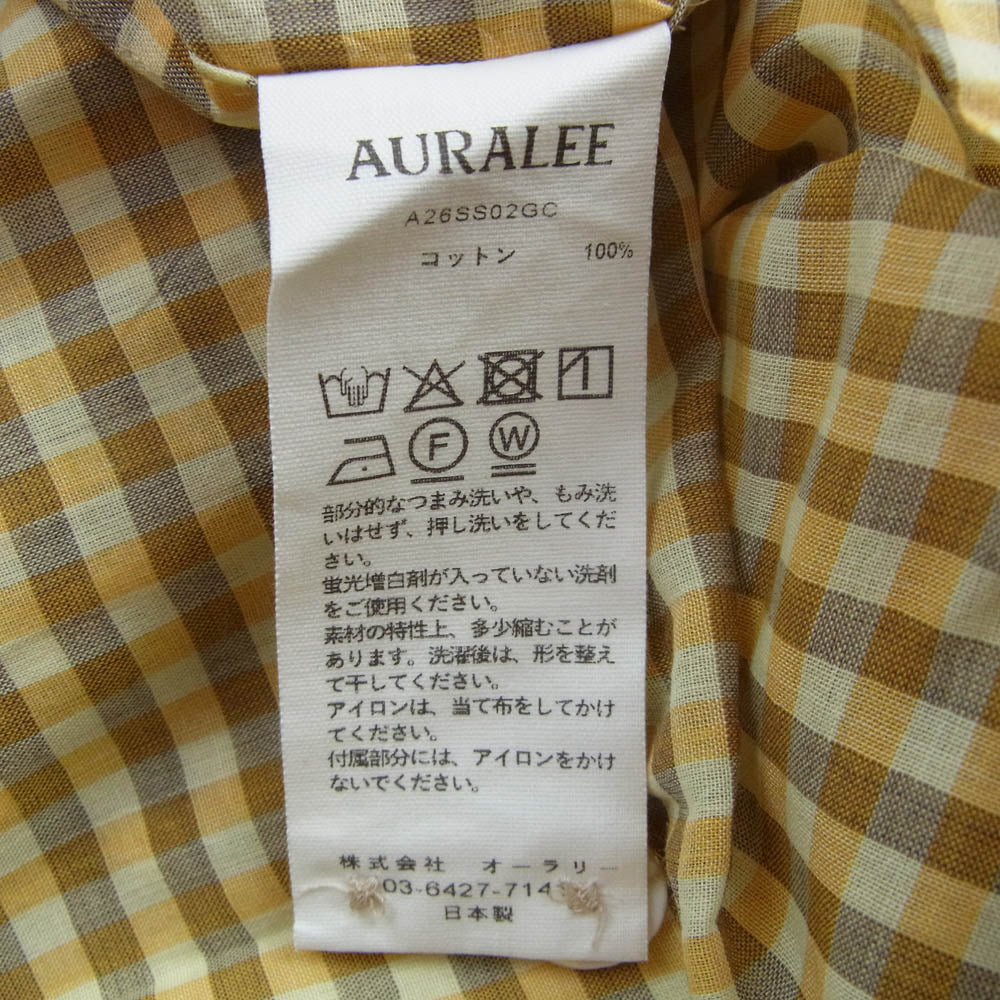 AURALEE オーラリー 26SS A26SS02GC AIRY LIGHTCOTTON CHECK HALF SLEEVED SHIRT エアリー ライトコットン 半袖 チェック シャツ イエロー系 5【極上美品】【中古】
