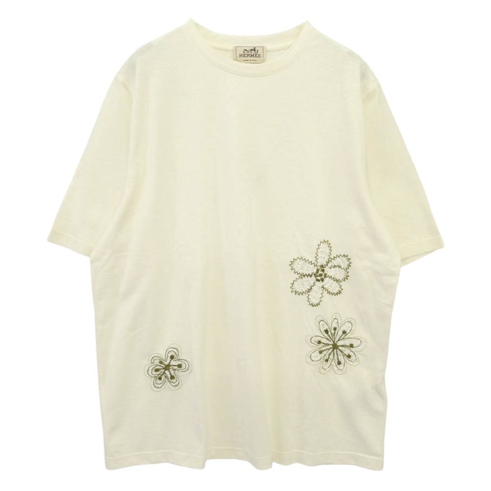 HERMES エルメス 557890HA イタリア製 フラワー刺繍 リネン 麻混 半袖 Tシャツ オフホワイト系 L【極上美品】【中古】 HERMES エルメス 557890HA イタリア製 フラワー刺繍 リネン 麻混 半袖