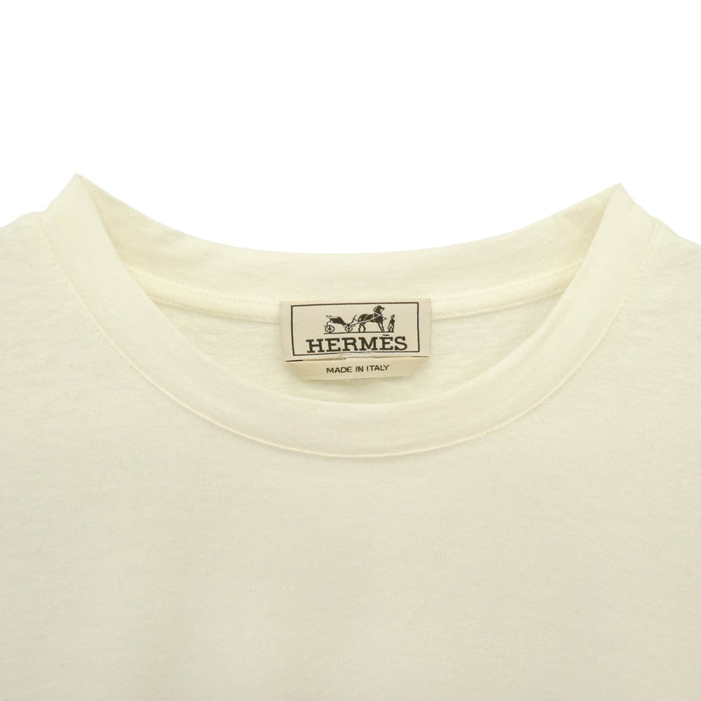 HERMES エルメス 557890HA イタリア製 フラワー刺繍 リネン 麻混 半袖 Tシャツ オフホワイト系 L【極上美品】【中古】