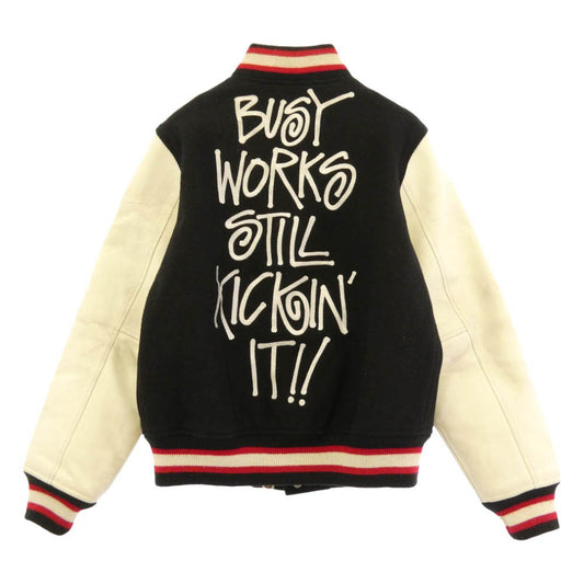 A BATHING APE アベイシングエイプ STUSSY ステューシー 001HJ0731927X × STUSSY VARSITY JACKET ステューシー バック 刺繍 バーシティ ジャケット 袖 レザー ウール スタジャン ブラック系 オフホワイト系 M【中古】