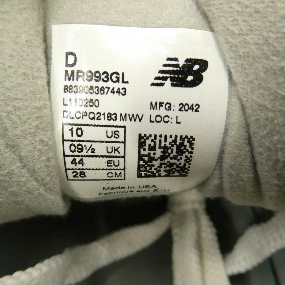 NEW BALANCE ニューバランス MR993GL Gray ローカット スニーカー グレー系 チャコール系 28cm【中古】
