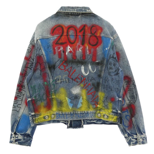 BALENCIAGA バレンシアガ 18AW 529179 TAP04 Graffiti Denim Jacket グラフィック ペイント デニム ジャケット インディゴブルー系 34【中古】