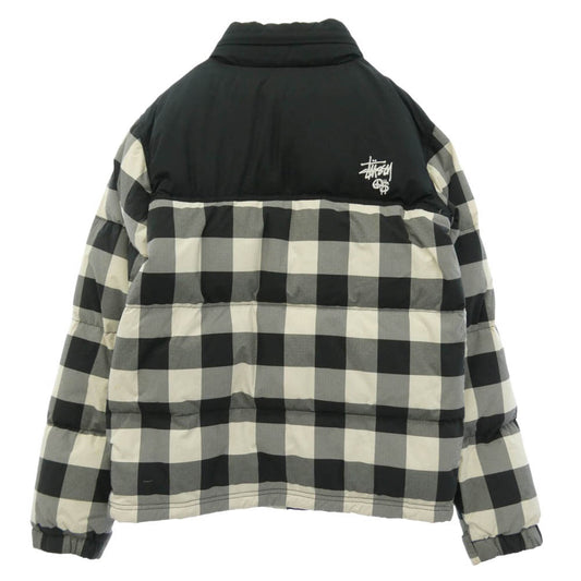STUSSY ステューシー girls ガールズ ブロック チェック ロゴ 刺? ダウン ジャケット ブラック系 ホワイト系 S【中古】