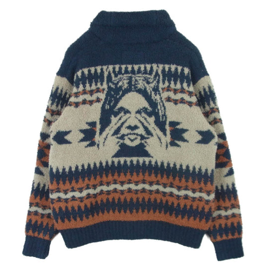 HYSTERIC GLAMOUR ヒステリックグラマー 23AW 02233ND03 SEE NO EVIL ジャカード シーノーエビル ショール カーディガン ネイビー系 ベージュ系 オレンジ系 M【中古】