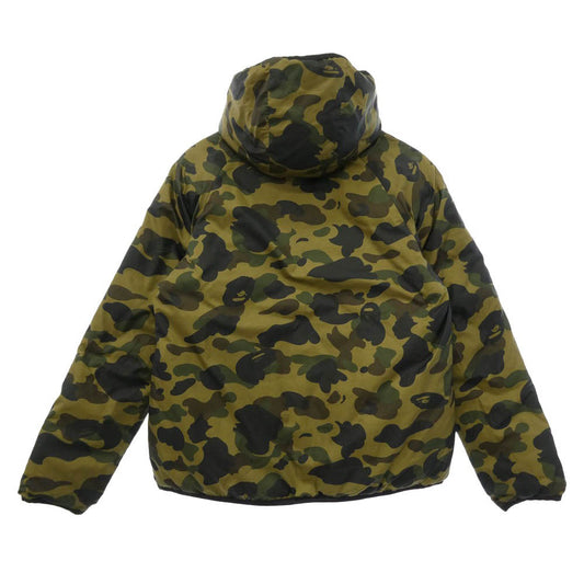 A BATHING APE アベイシングエイプ 1870-141-048 1ST CAMO ファーストカモ ワンポイント レザーパッチ ロゴ リバーシブル グリーンカモ キルティング ダウン ジャケット カモフラ 猿迷彩 グリーン系 L【中古】