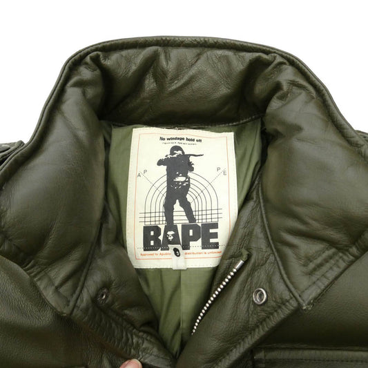A BATHING APE アベイシングエイプ 90s OLD 初期タグ カウハイド M-65 レザーダウンジャケット グリーン系 L【中古】