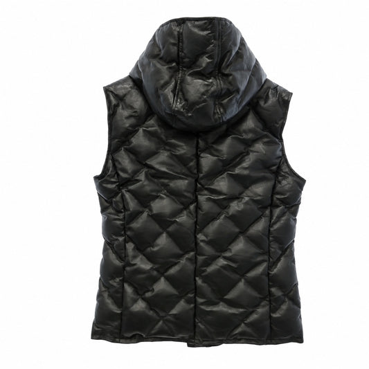 ISAMUKATAYAMA BACKLASH イサムカタヤマバックラッシュ 2031-01 POLISH WHITE GOOSE DOWN VEST MONOCHROME LUXURY STEER 0.6mm ステアハイド レザー ホワイトグースダウン フーデッド フード ベスト ブラック系 XL【中古】