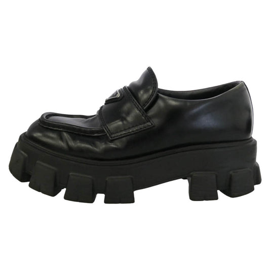 PRADA プラダ 2DE129 MONOLITH BRUSHED LEATHER LOAFERS モノリス ブラッシュド レザー ローファー シューズ ブラック系 5.5【中古】