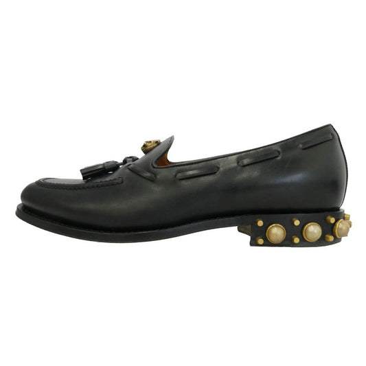 GUCCI グッチ 437355 レザー キャットエンブレム スタッズ パール タッセル ローファー シューズ ブラック系 ゴールド系 7.5【中古】