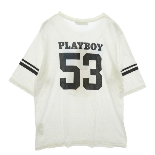HYSTERIC GLAMOUR ヒステリックグラマー PLAYBOY プレイボーイ 19AW 12193CT01 × PLAYBOY MISS YOLI LARA プレイボーイ グラフィック プリント コットン 五分袖 Tシャツ ホワイト系 L【中古】