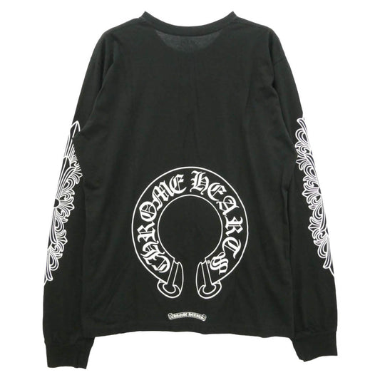 CHROME HEARTS クロムハーツ(原本無) FLOLAL CROSS HORSESHOE L/S Tee フローラルクロス バックホースシュー プリント 長袖 Tシャツ ブラック系 XL【美品】【中古】