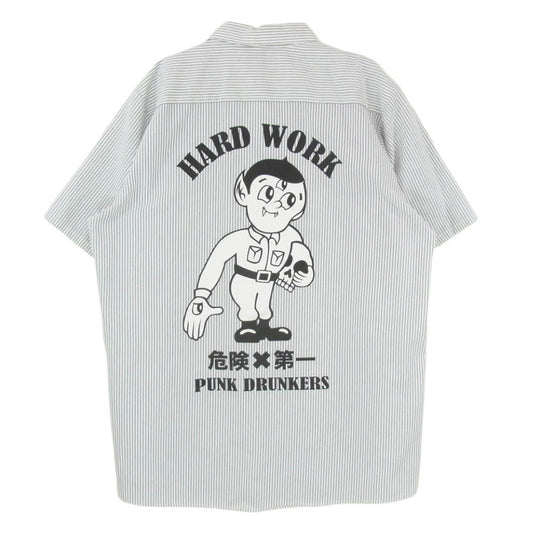 PUNK DRUNKERS パンクドランカーズ × RED KAP レッドキャップ バックプリント 半袖 ストライプ パッチ ワーク シャツ ホワイト系 L【中古】