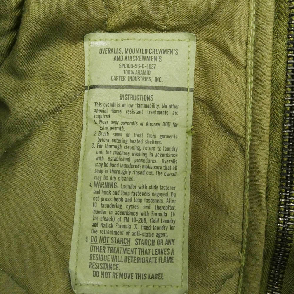 ヴィンテージ SP0100-96-C-4037 90s U.S. Army 米軍 CVC CREWMAN’S NOMEX 中綿入り アラミド オーバーオール モスグリーン系 M-R【中古】