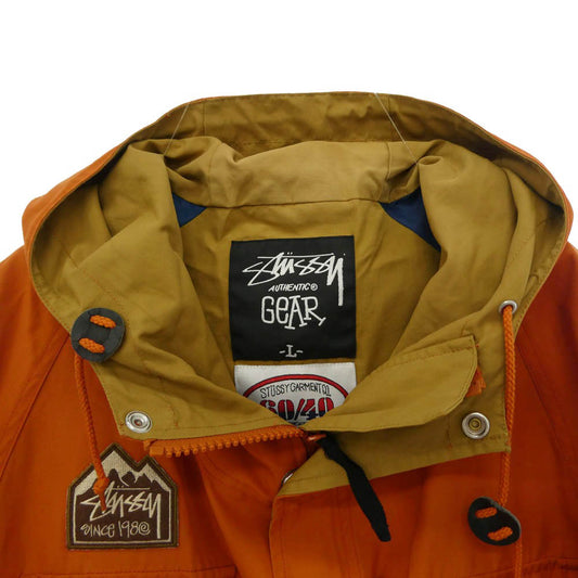 STUSSY ステューシー 00s AUTHENTIC GEAR 60/40 コットンナイロン クロス ロゴパッチ ジップアップ フーデッド マウンテンパーカー ジャケット アウター オレンジ系 L【中古】