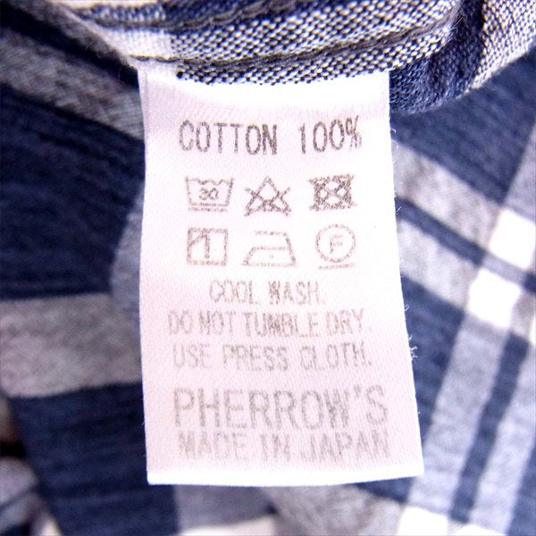 Pherrow's フェローズ 七分袖 チェック シャツ メンズ 日本製 コットン 長袖シャツ 紺×白 S【中古】