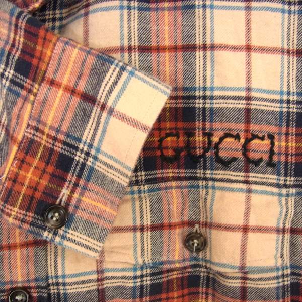 GUCCI グッチ 国内正規 18AW PARAMOUNT パラマウント ロゴ 刺繍 チェック 長袖シャツ レッド系 46【中古】