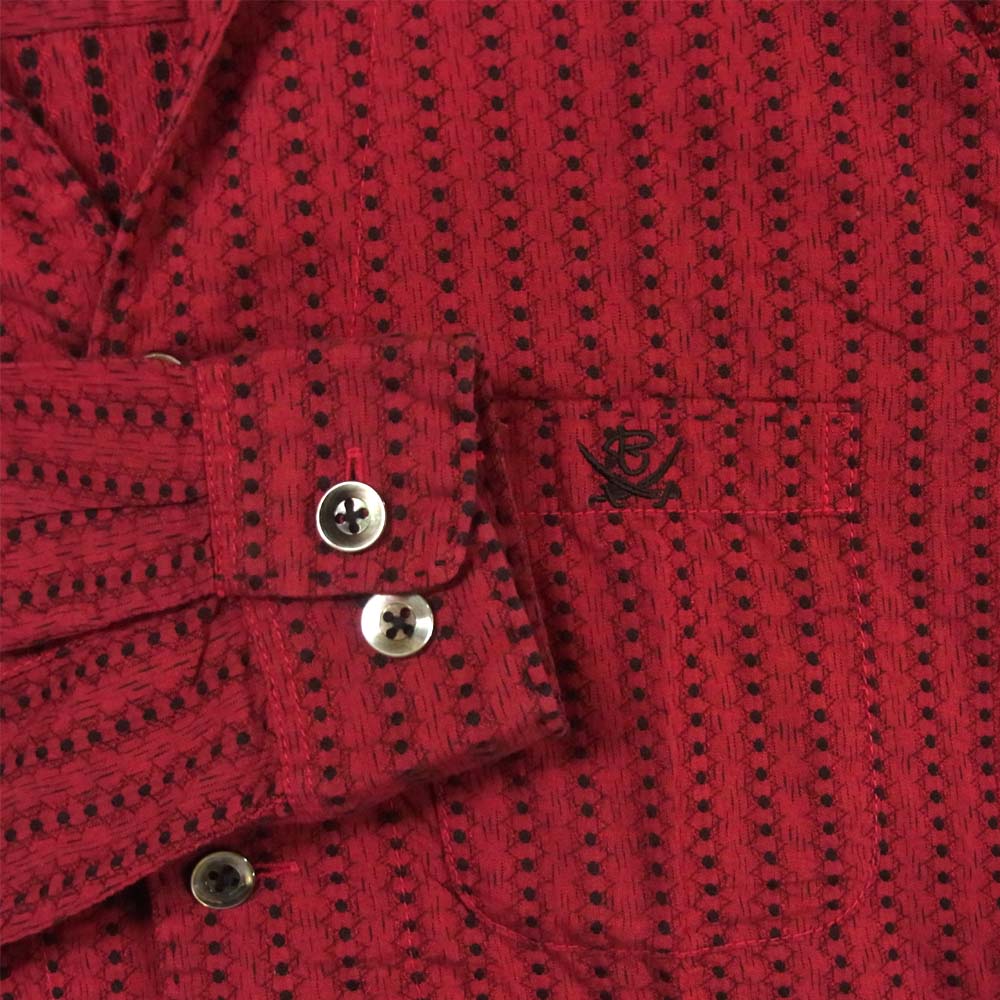 R.J.B アールジェイビー 胸ロゴ刺繍 イタリアンカラー 総柄 シャツ レッド系 ブラック系 38【中古】