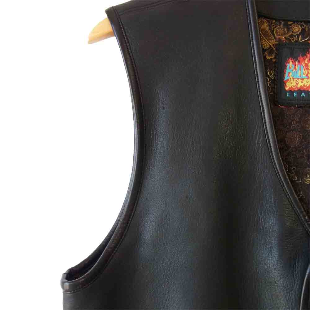 BILL WALL LEATHER ビルウォールレザー Bクラウンボタン マリブクロス スカル 裏地チャイナシルク レザー ベスト ブラック系【中古】