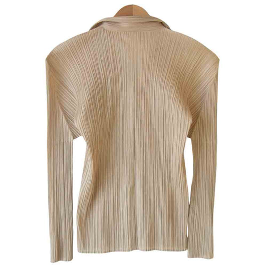 PLEATS PLEASE プリーツプリーズ PP04-JK624 イッセイミヤケ ISSEY MIYAKE プリーツ加工 オープンカラー ブラウス ベージュ系 3【中古】